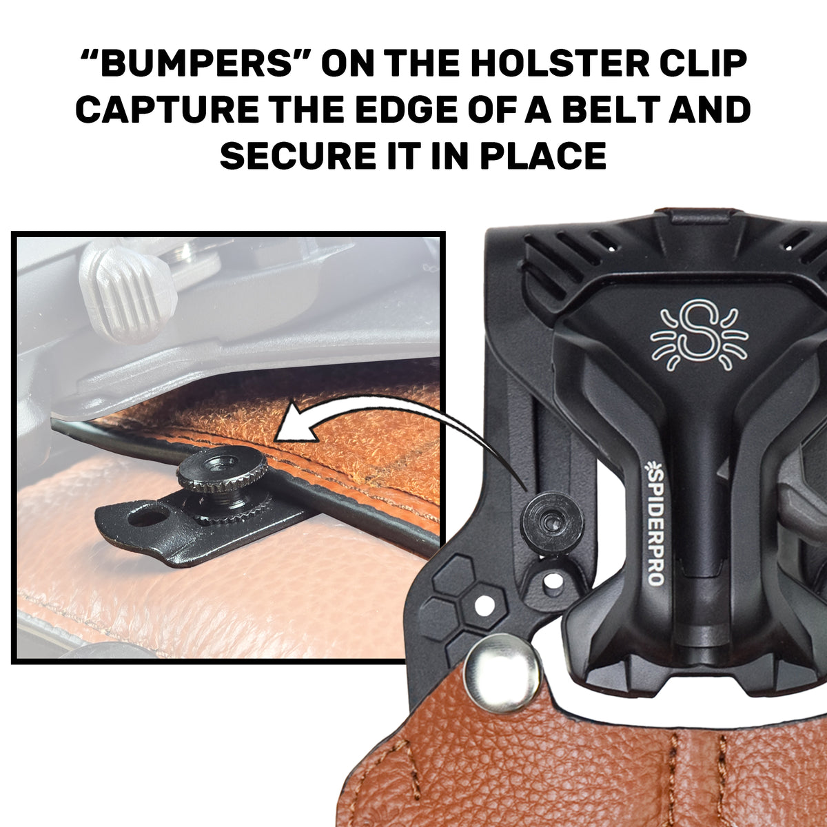 Close-up showing retaining bumpers on the Spider v3 holster clip securing the edge of a belt